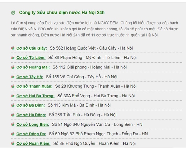 Hệ thống cơ sở của điện nước hà nội 24h