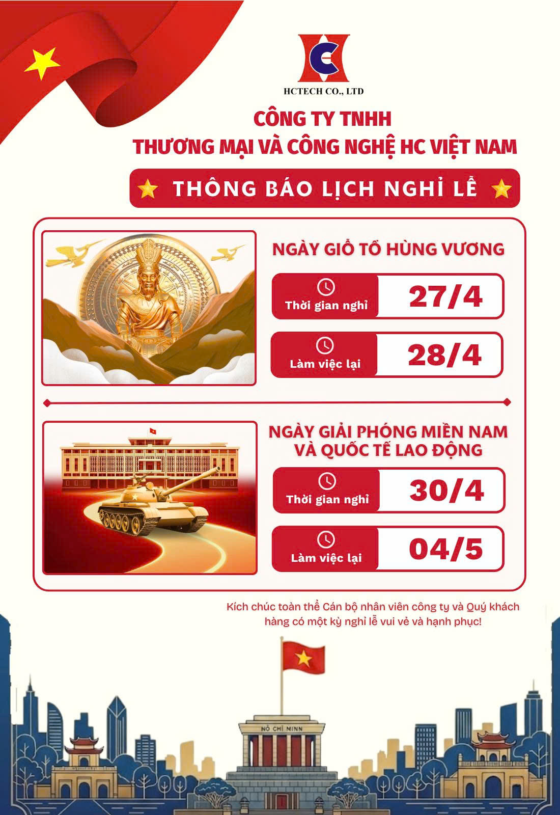 Thông báo lịch nghỉ lễ Giỗ Tổ Hùng Vương 10/3 và Ngày Giải phóng miền Nam 30/04 – Ngày Quốc tế Lao động 01/05
