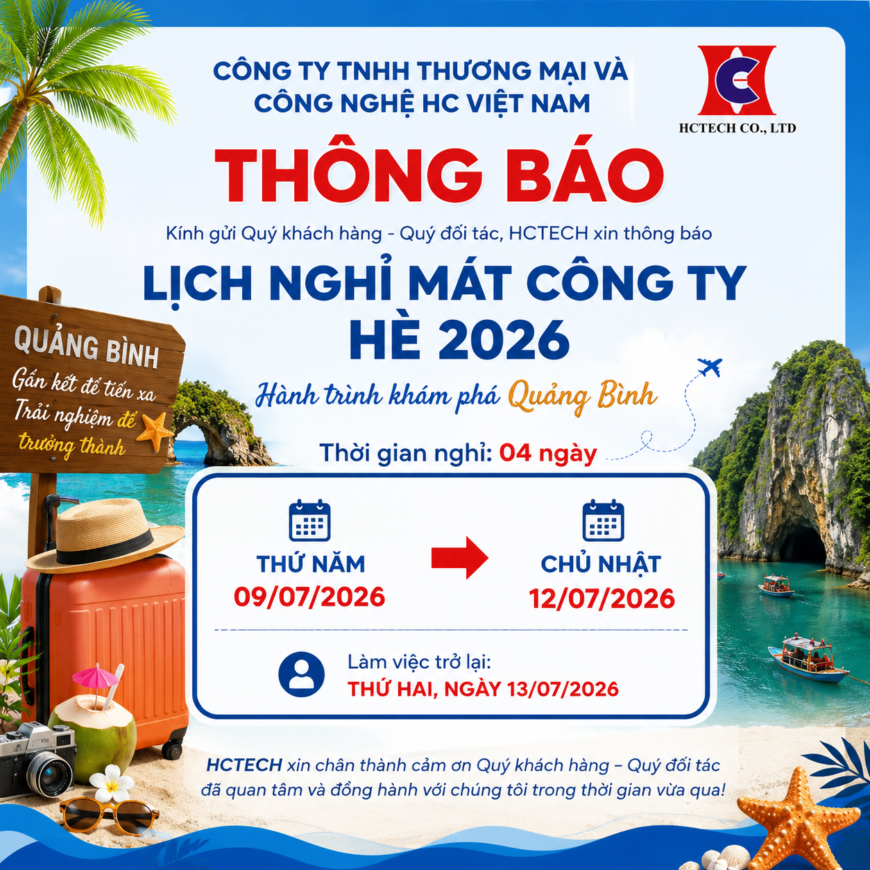 HCTECH THÔNG BÁO LỊCH NGHỈ MÁT HÈ 2026